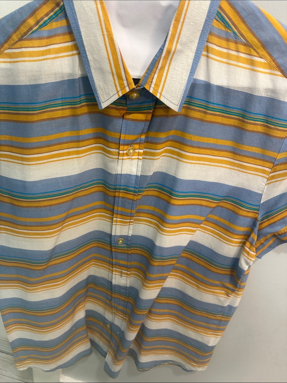 Parke & Ronen Striped Button-Down Shirt in Blue, Yellow, White